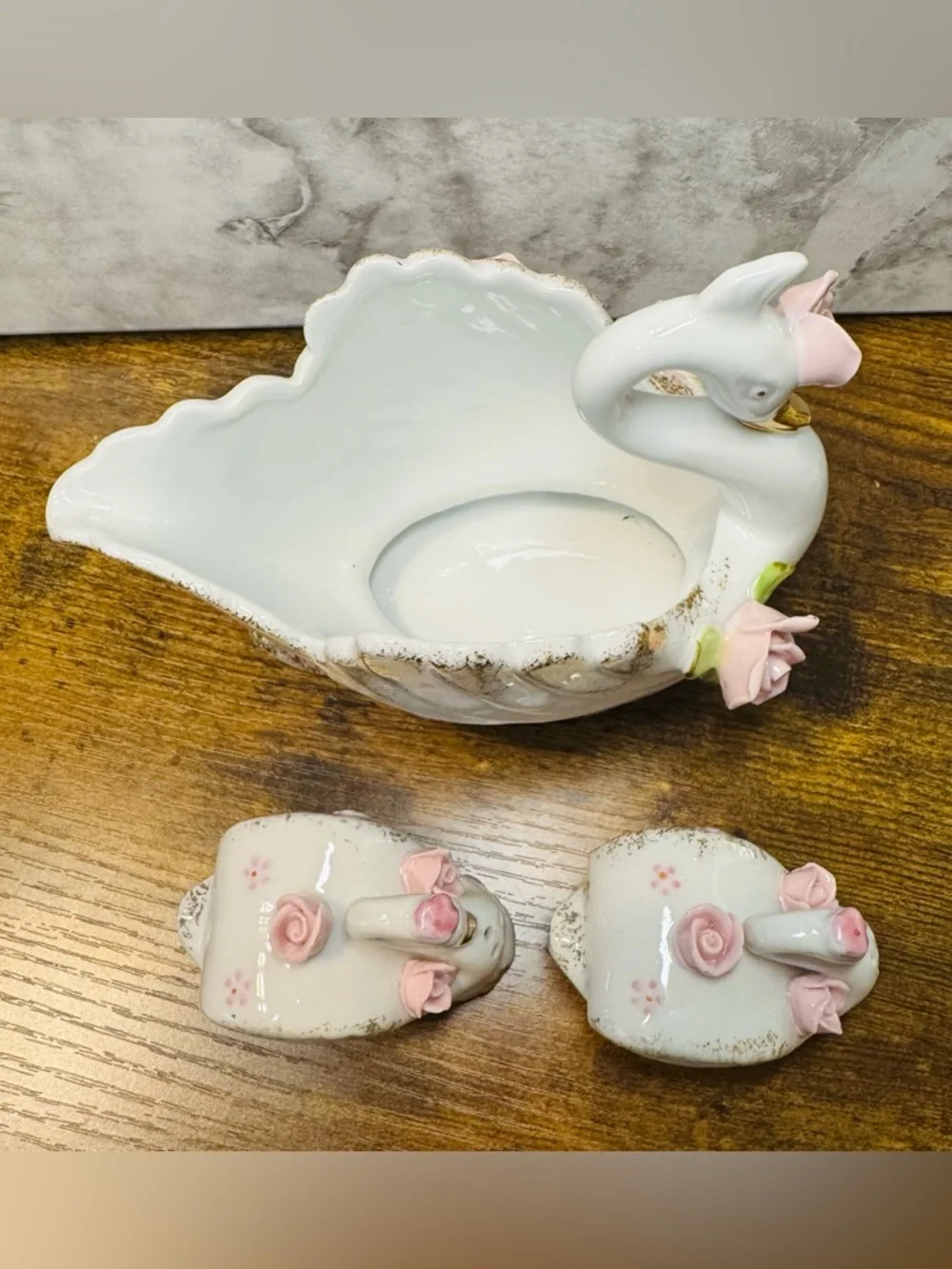 Vintage Porcelain Swan Planter Vase w/ Japan Salt & Pepper Shakers Pink Roses